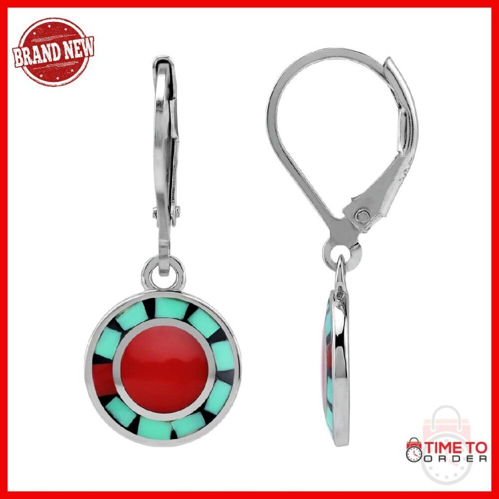 Sterling Silver Leverback Disc Earrings with Gemstone Inlay
